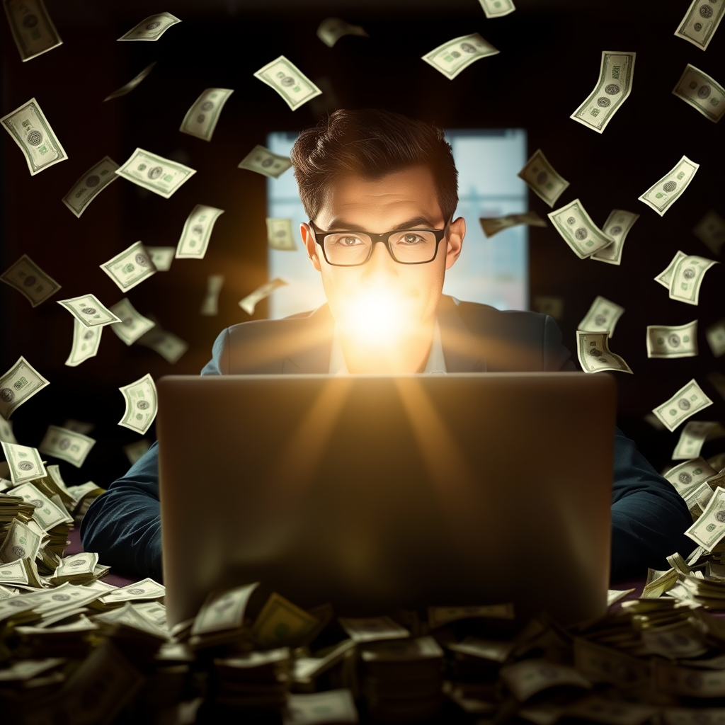 Blog post thumbnail: A person with money and a laptop